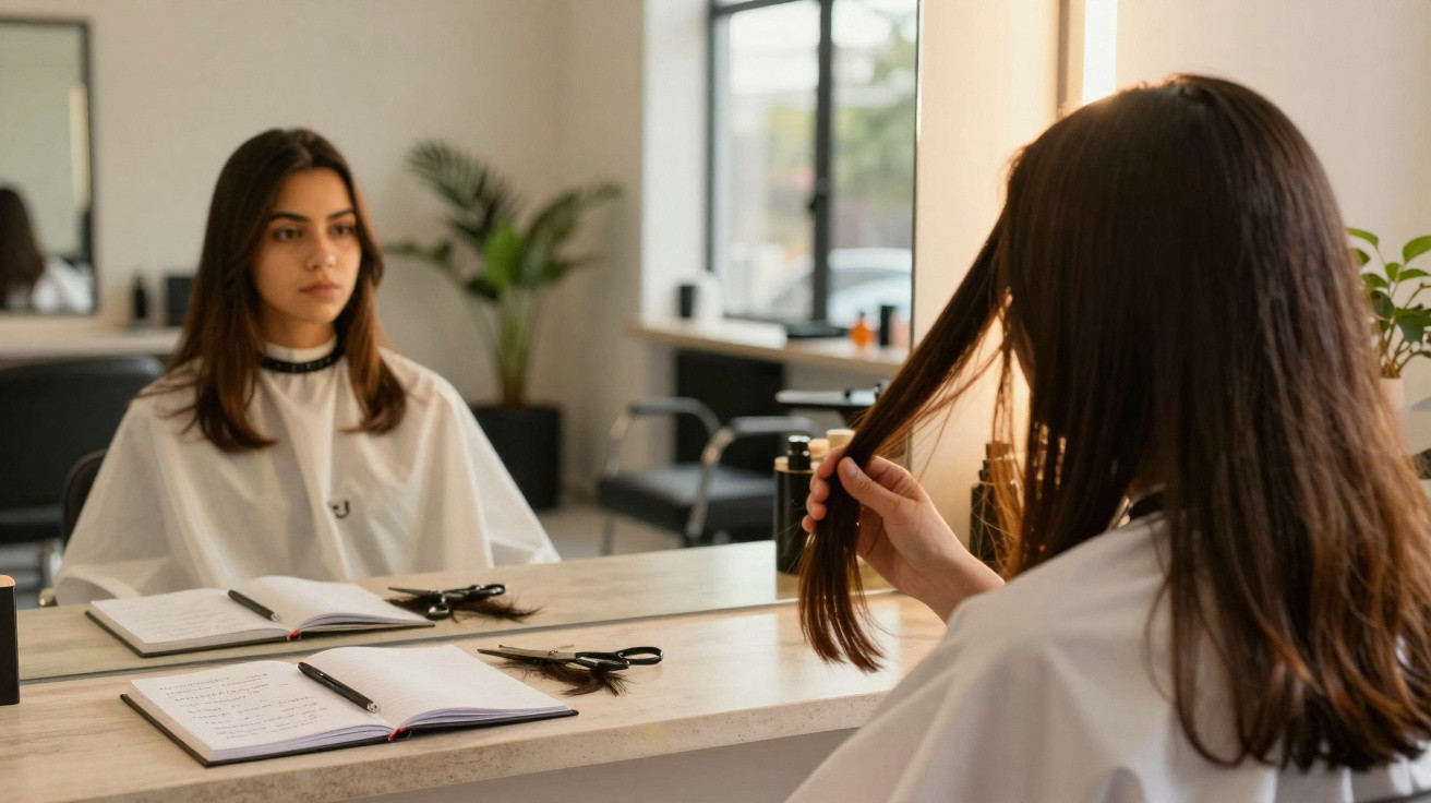 Woman in a salon cape examining her hair in the mirror with scissors and open notebooks on the counter.