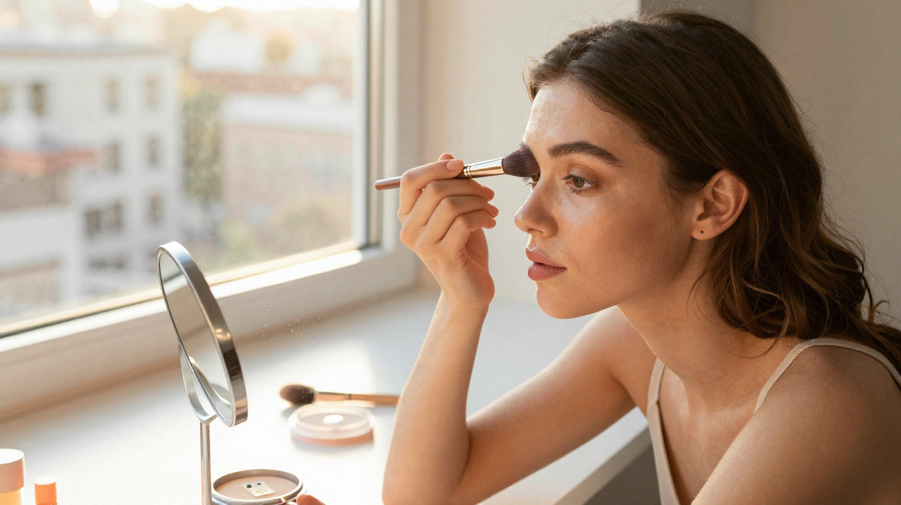 Young woman applying makeup with a brush in front of a window and mirror on a white tabletop.