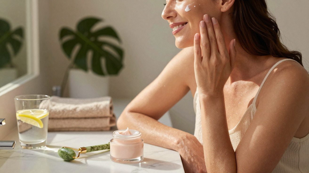 Woman applying face cream in a bright bathroom with a glass of lemon water and skincare tools on the counter.