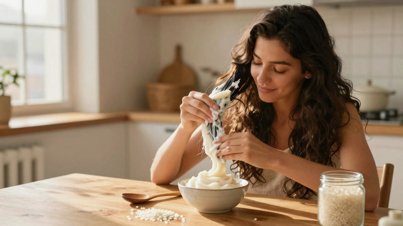 Young woman stretching melted mozzarella cheese over a bowl in a bright kitchen.