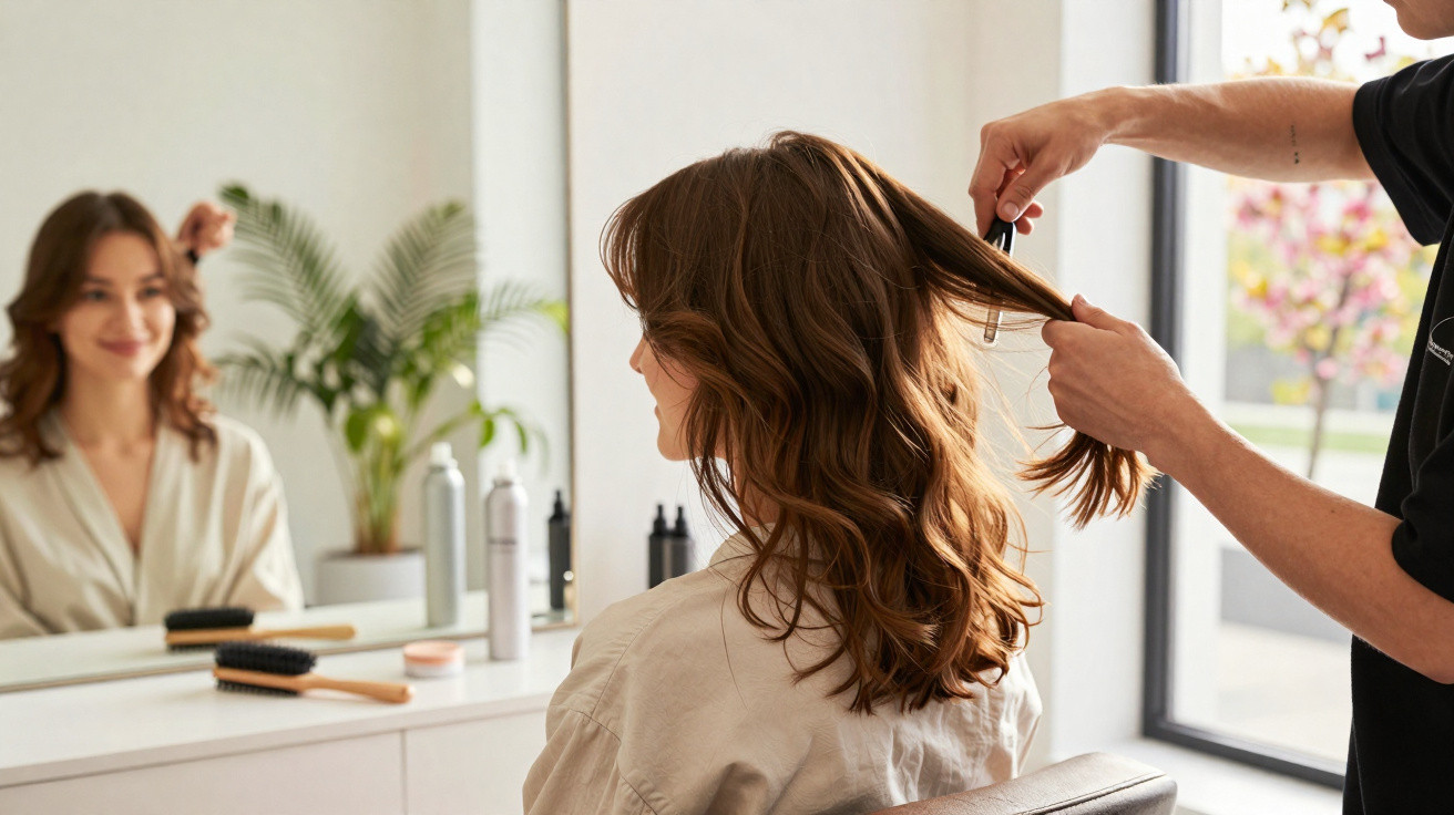Hairdresser styling a woman's long brown hair in a bright salon with a large mirror and plants.