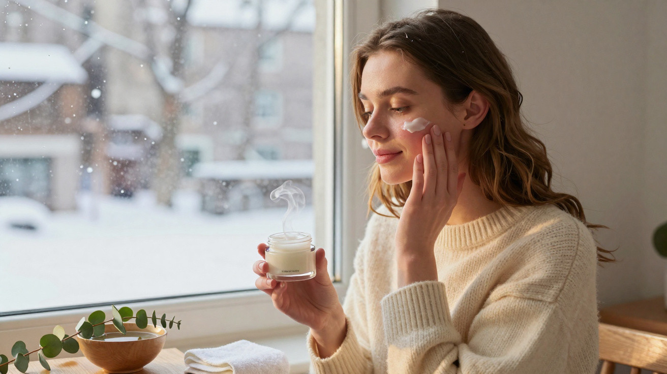 Woman in cream sweater applying cream to her face near window with snowy view outside.