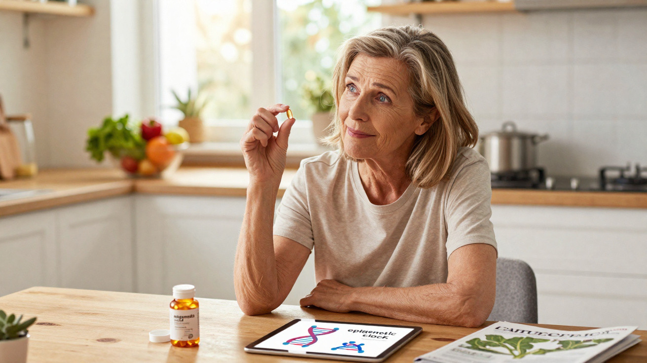 Middle-aged woman holding a pill at a kitchen table with a tablet showing epigenetic stock illustrations.