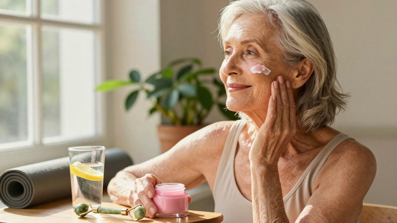 Older woman applying pink face cream while sitting at a table near a window with a plant and glass of lemon water