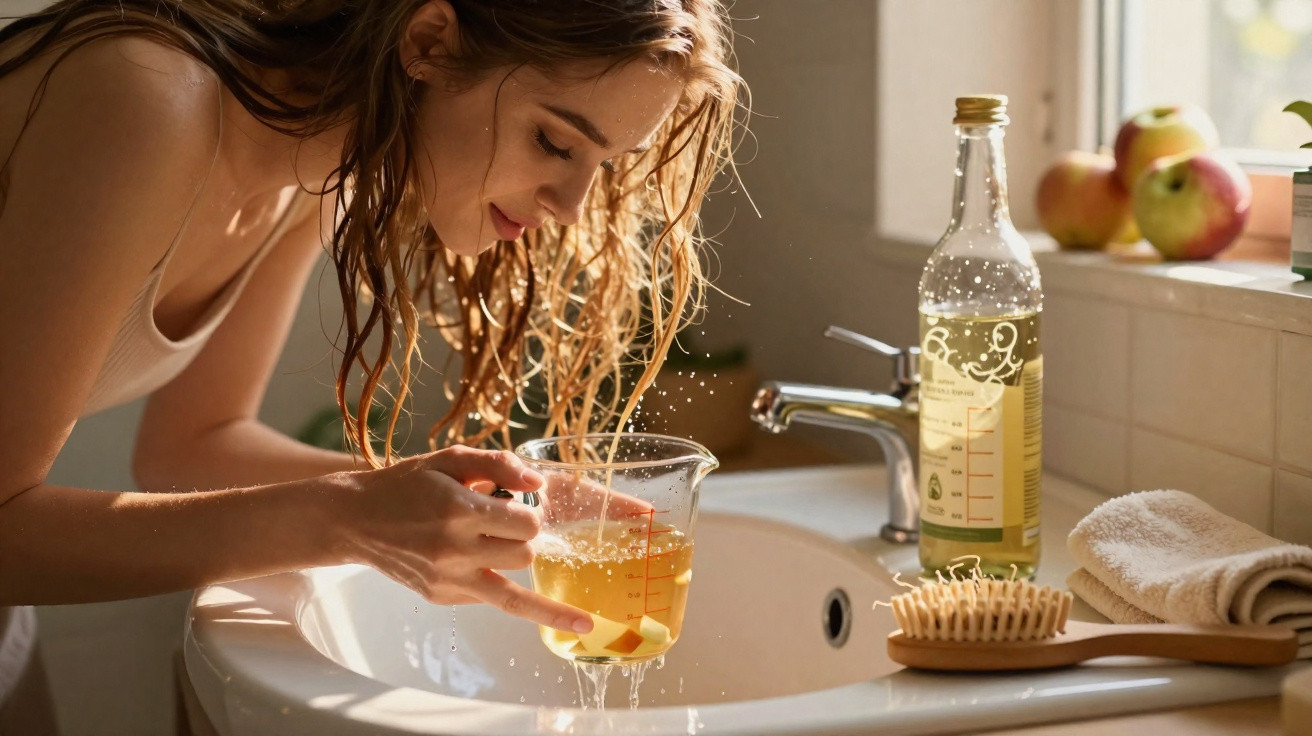 Young woman leaning over sink holding a glass jug with apple slices soaking in water.