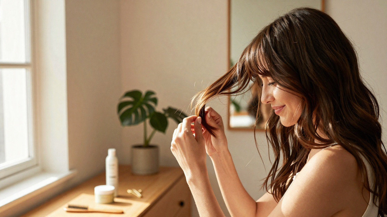 Woman with long brown hair checking her hair in a bright, minimal bedroom with a wooden dresser and plant.