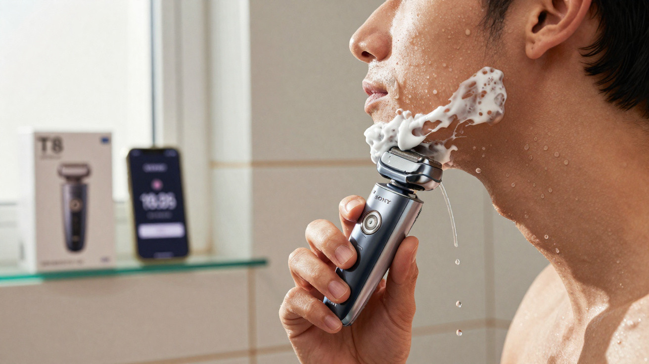 Man shaving wet face with an electric razor covered in shaving foam in a bathroom.