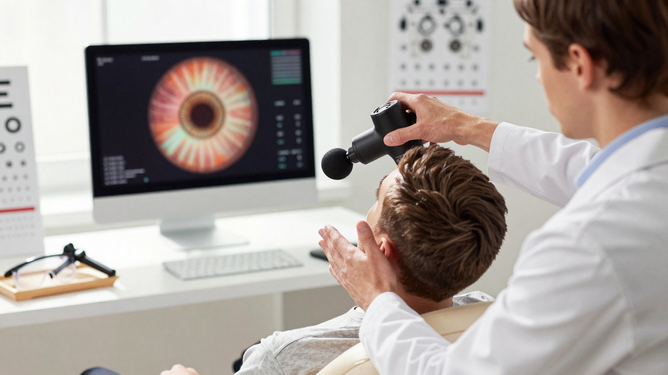 Eye doctor examining a patient's eye using a handheld device with an iris scan on the computer screen.