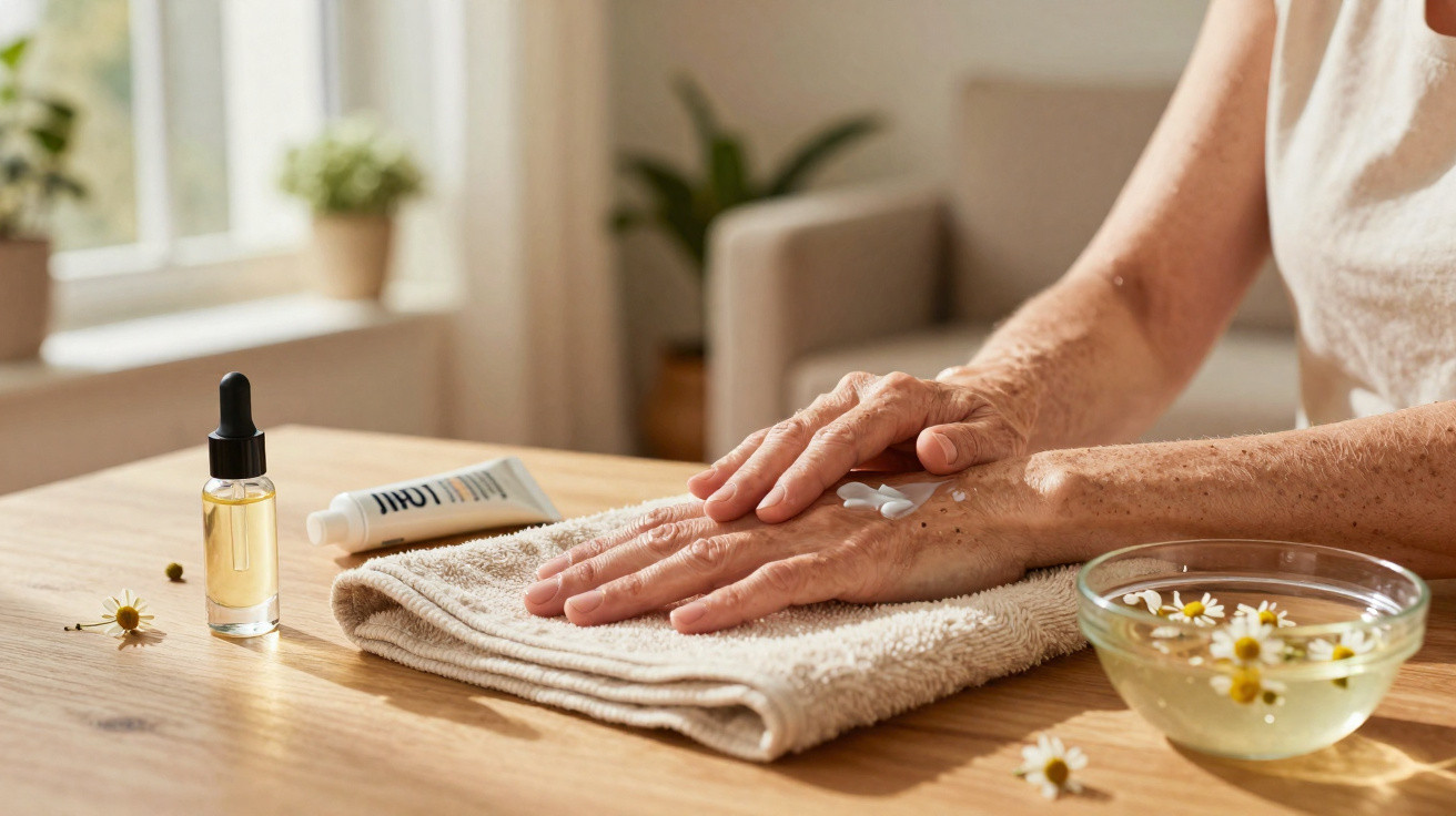Elderly person applying cream on hand next to a towel, essential oil bottle and bowl with chamomile flowers.