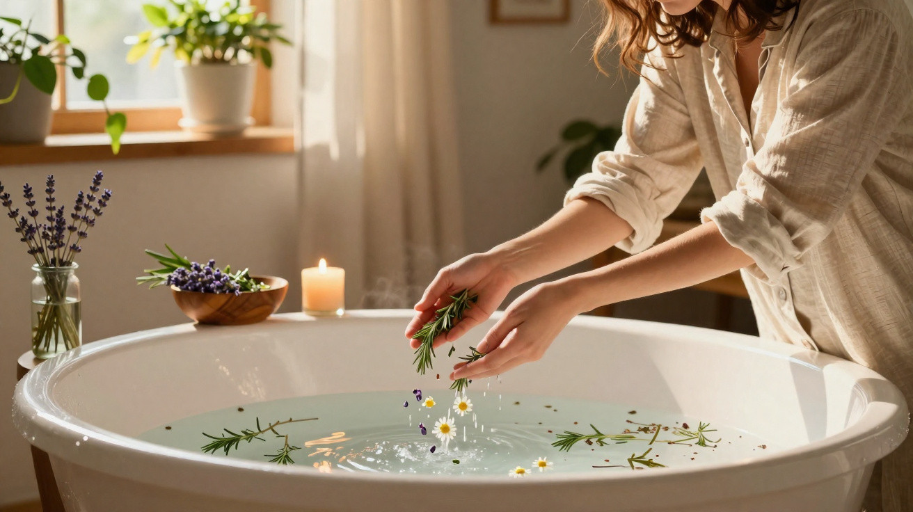 Person sprinkling herbs and flowers into a white bathtub filled with water in a sunlit bathroom.