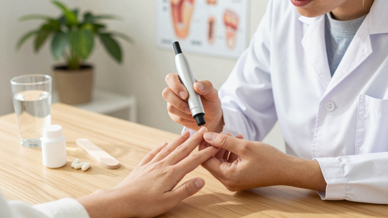 Healthcare professional using a lancet to test blood sugar on a patient’s fingertip in a medical office.