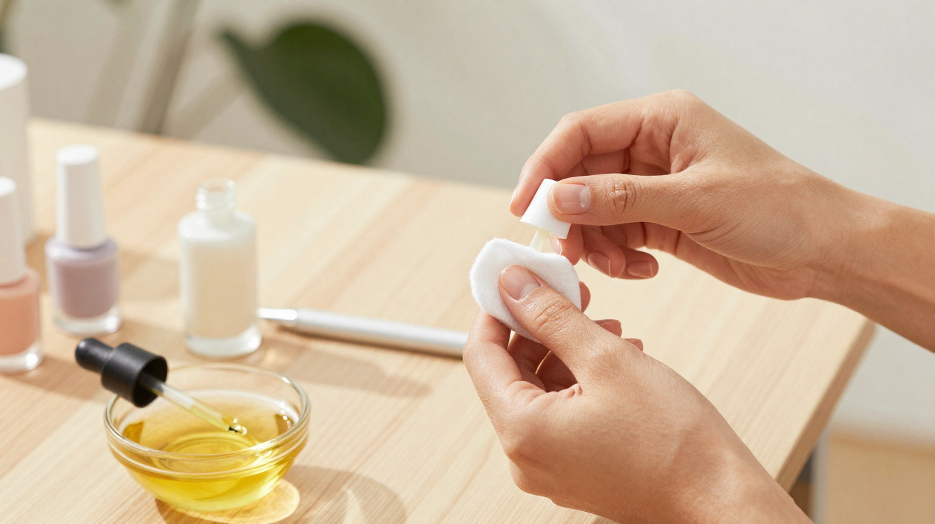 Hands applying nail oil on a cotton pad with nail polish bottles and a bowl of oil on a wooden table.