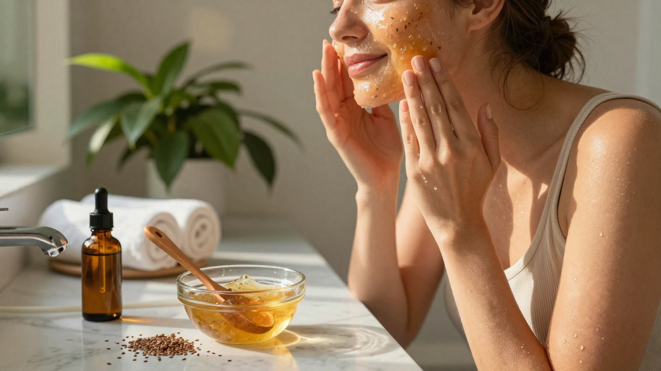 Woman applying honey face mask in bright bathroom with bowl of honey and amber dropper bottle nearby