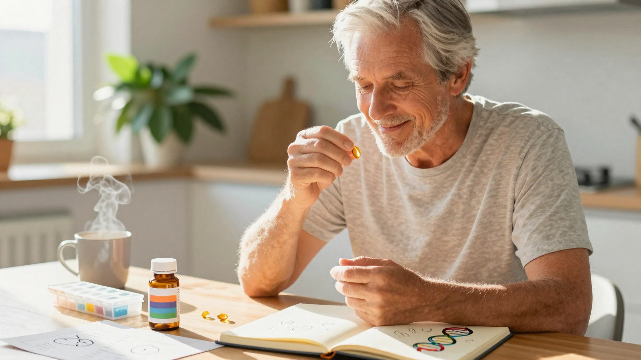 Older man holding a vitamin capsule while sitting at a table with medication, a notebook, and a steaming mug in a bright kitc