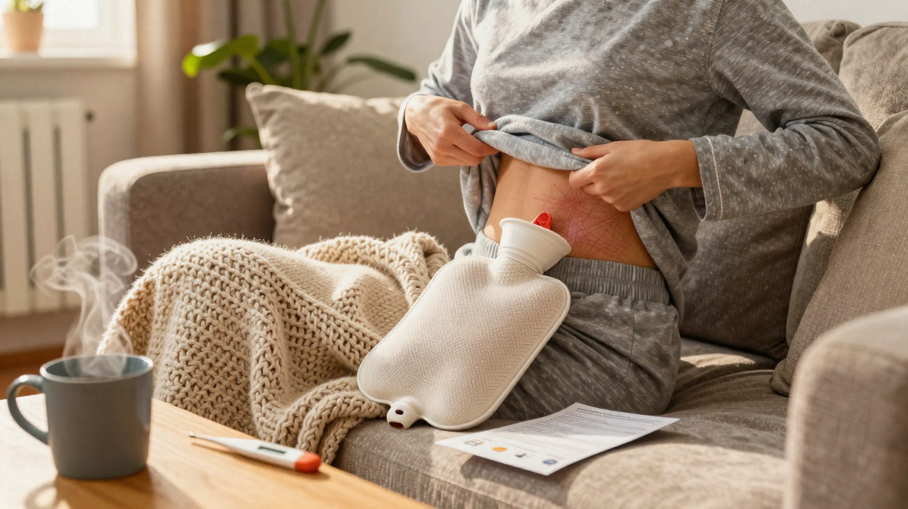 Person applying a hot water bottle to their lower back while sitting on a sofa with a blanket and steaming hot drink nearby.