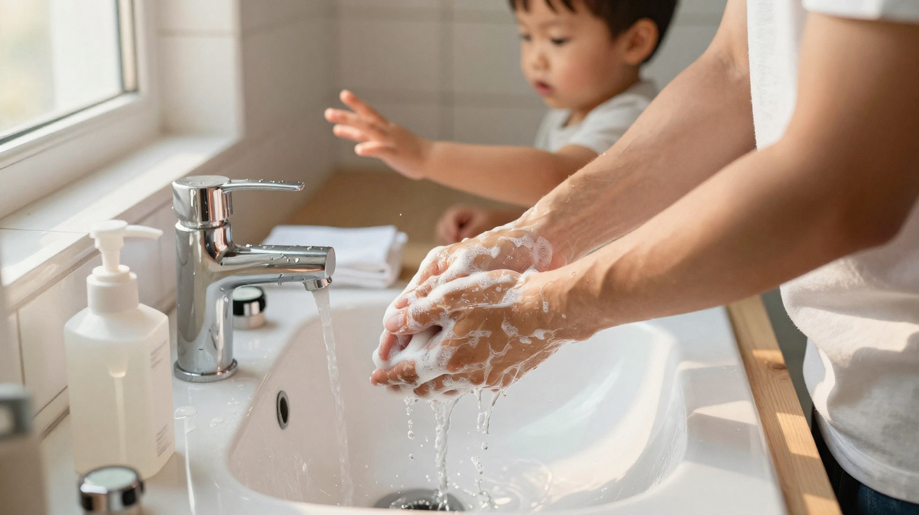 Adult washing soapy hands under running tap with child watching by bathroom sink in daylight