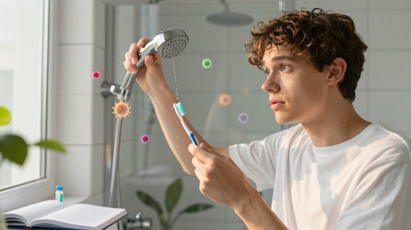 Young man rinsing a toothbrush under a showerhead in a bathroom with virus icons floating around.