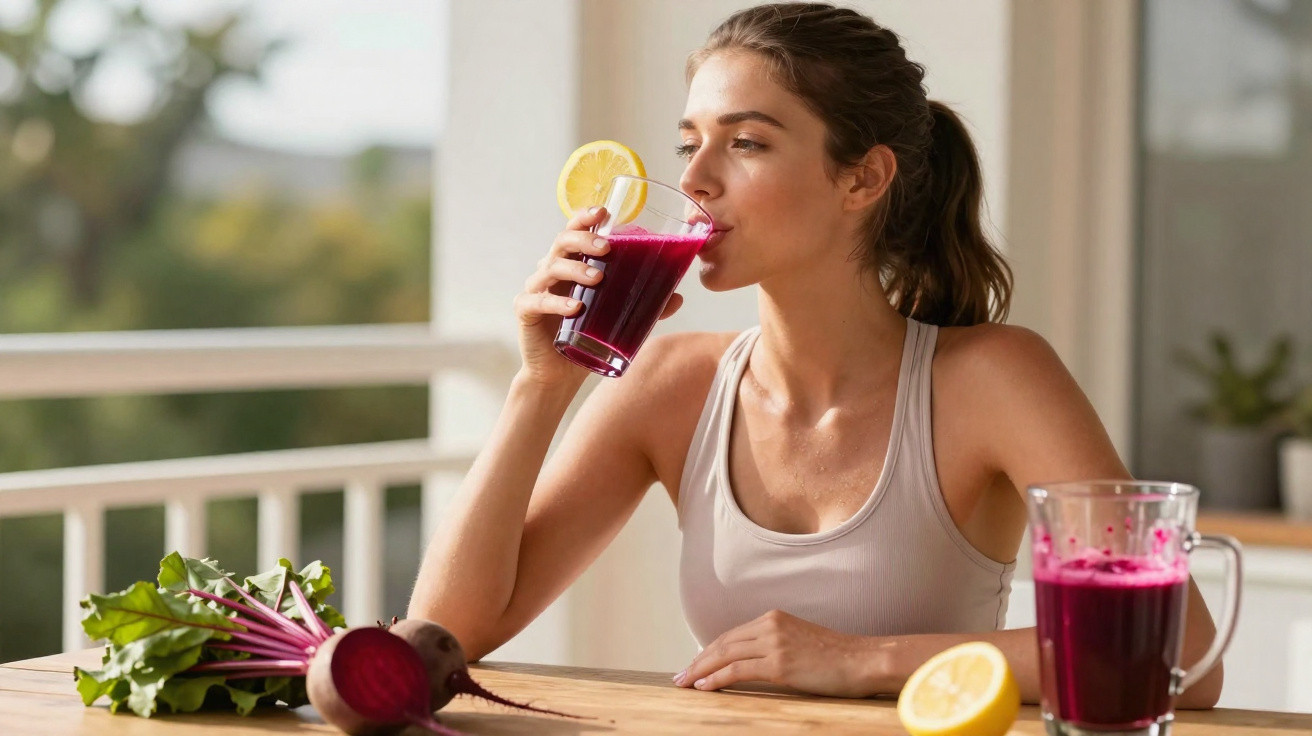 Woman drinking fresh beetroot juice with lemon slice at wooden table on balcony.