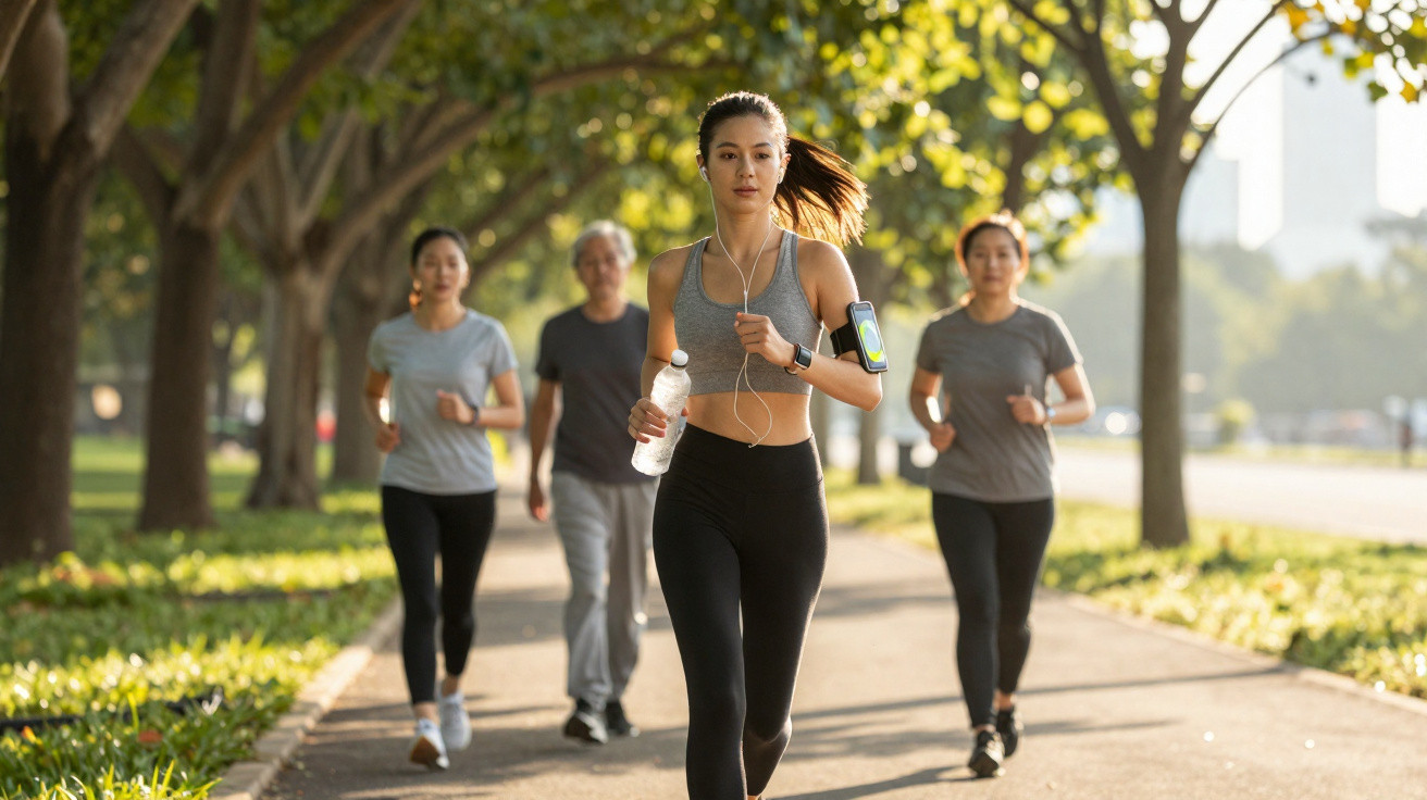 Four people jogging on a tree-lined path in a park during sunny daylight, with the woman in front holding a water bottle.