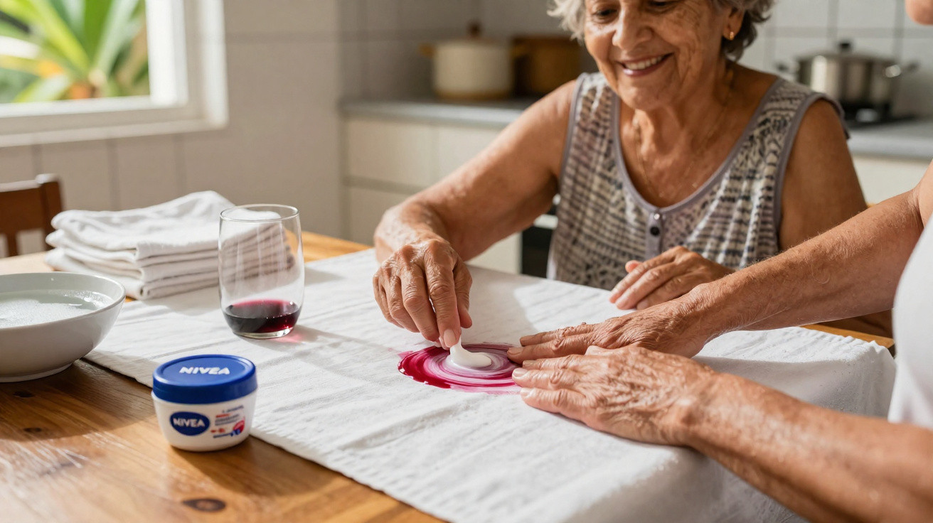 Elderly woman smiling as she removes a red stain from white fabric with a stain remover in a kitchen.