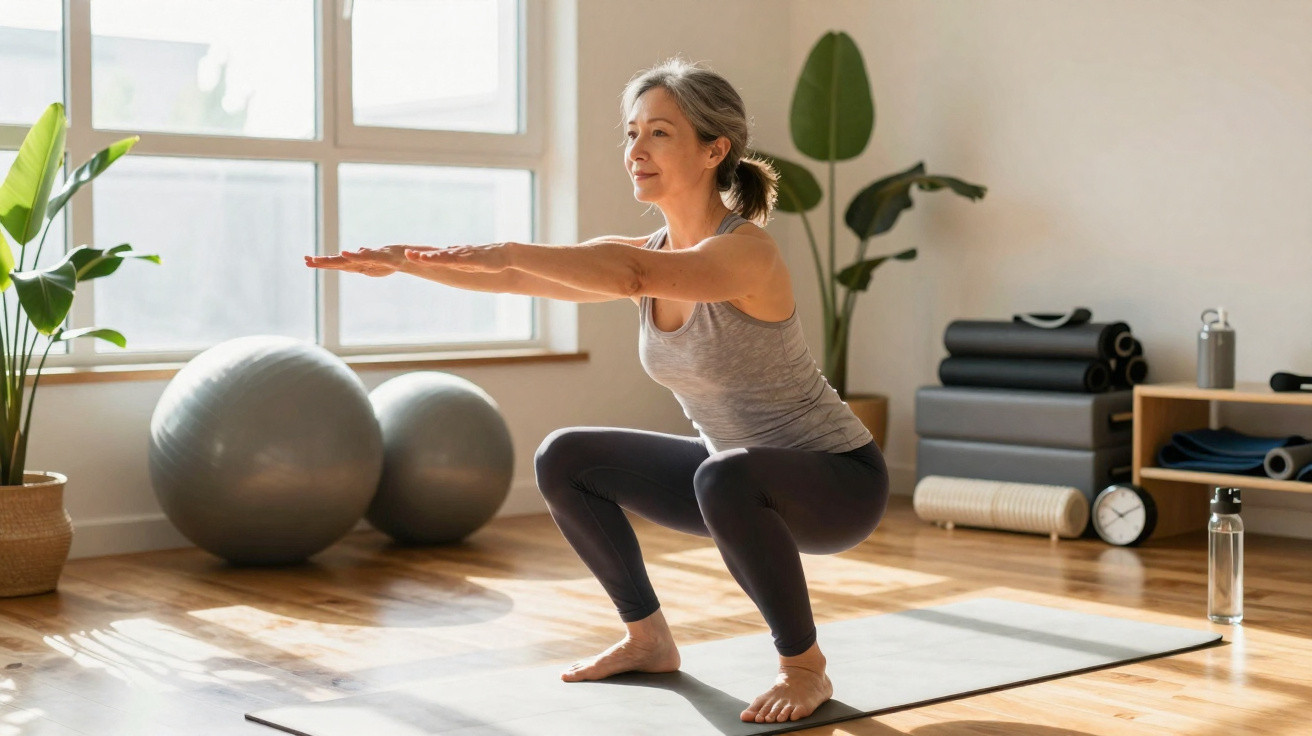 Mature woman doing a squat exercise on a yoga mat in a sunlit room with fitness balls and plants.